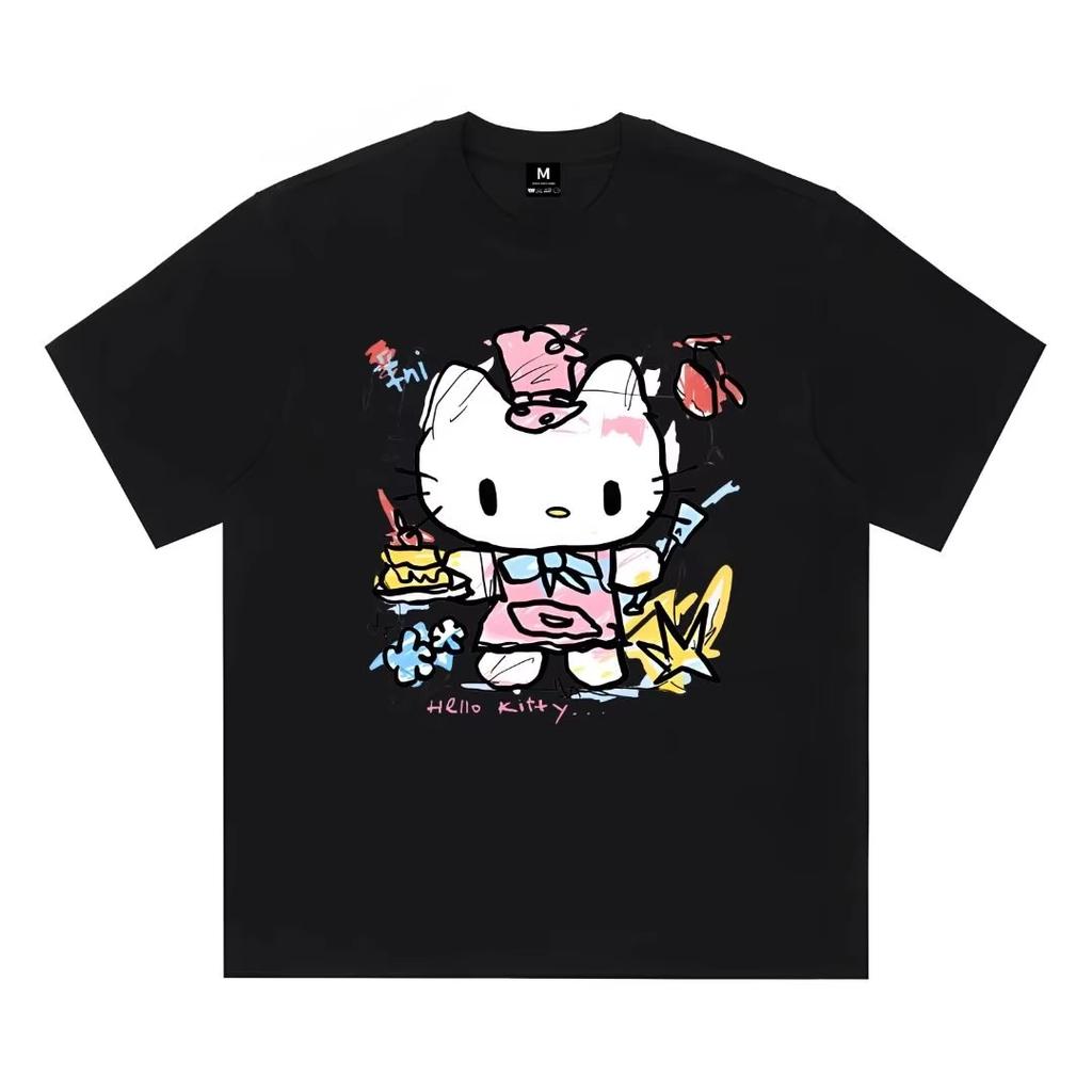 2026 Summer Hello Kitty Pastry Chef Oversized Tshirt High Quality 100 Cotton Graffiti Cake Print Unisex Y2K Casual Tee