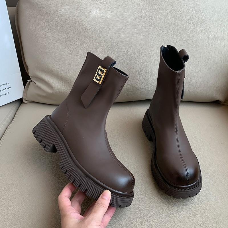 Thick-soled Chinese Heel British Style Chelsea Short Boots Women's 2025 Winter Heightening, Zipper Heightening After Fried Street Martin Boots Tide