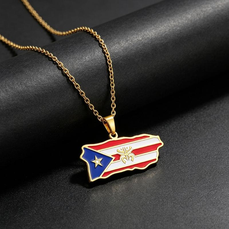 Puerto Rican Map Pendant Necklace with Enamel Style Charm and Polished Chain for Daily Wear, Parties and Gifts
