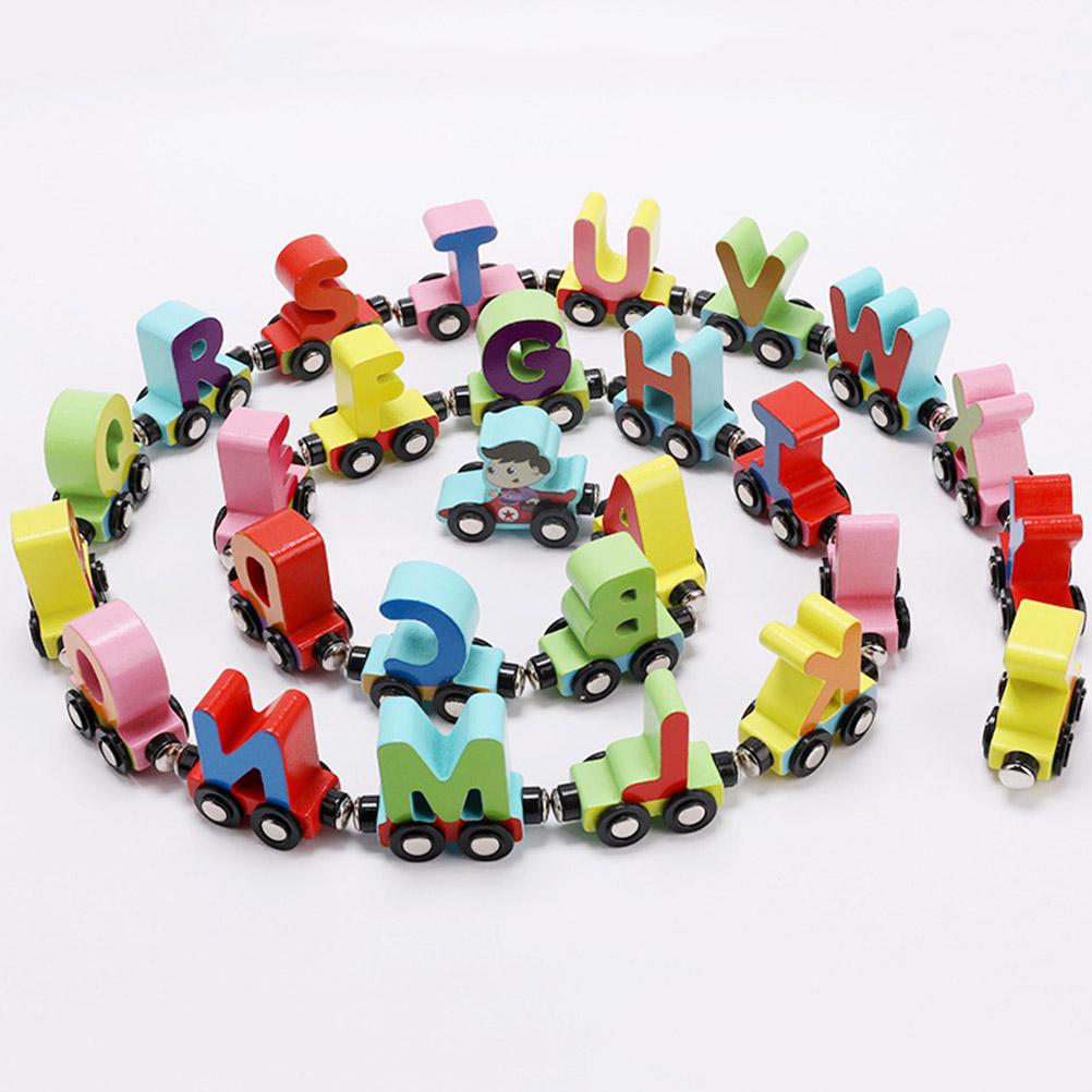27pcs Wooden Alphabet Train Toys Early Educational Edge Polished Colorful Letter Train for Toddler
