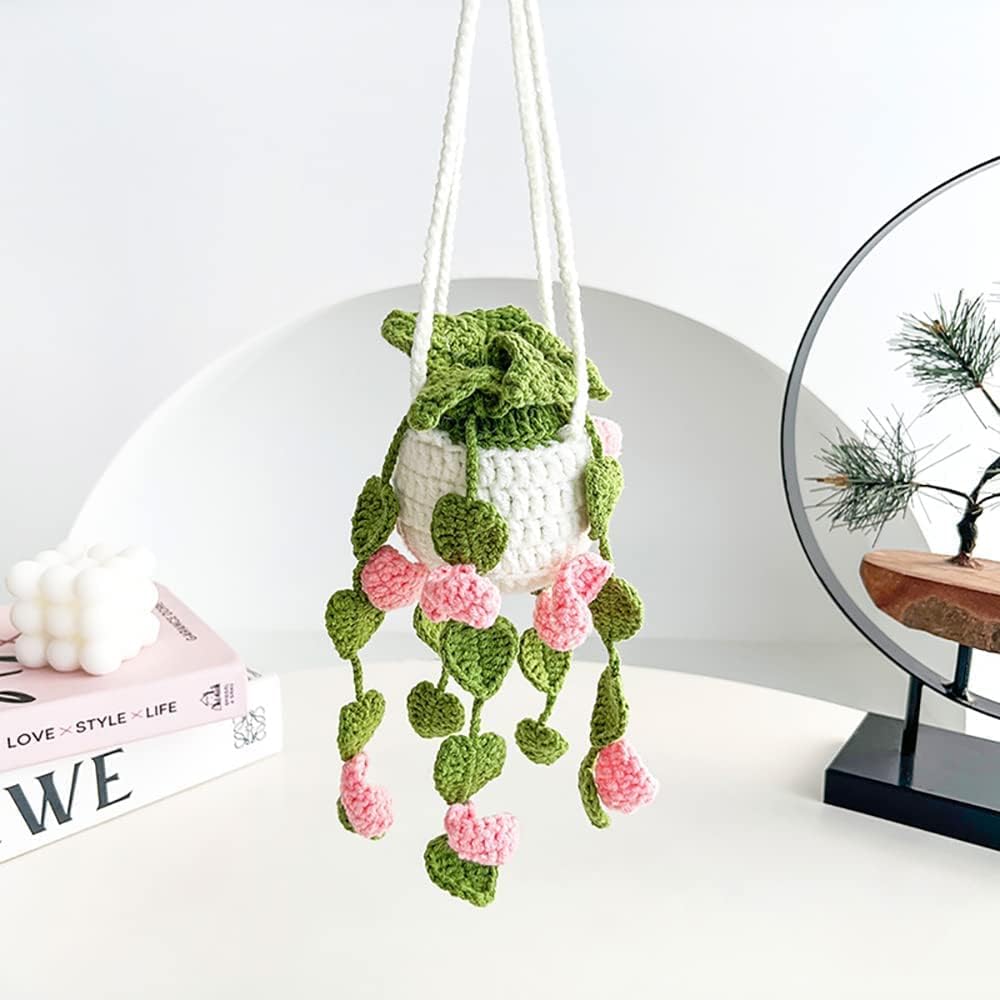 Crochet Hanging Plant for Car, Cute Car Plant Accessories, Knitted Plant Car Mirror Hanger, Boho Car Plant Crochet Hanging Basket (A)