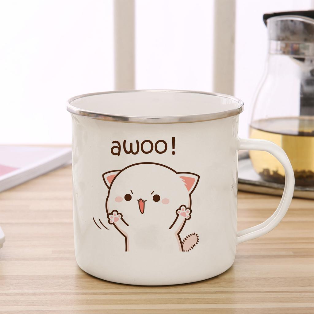 Peach and Goma Cat Enamel Coffee Tea Cup Cute Animal Breakfast Dessert Milk Water Cup Couple Gift