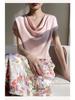 Women's High-End Short Sleeve Cowl Neck Satin Blouse