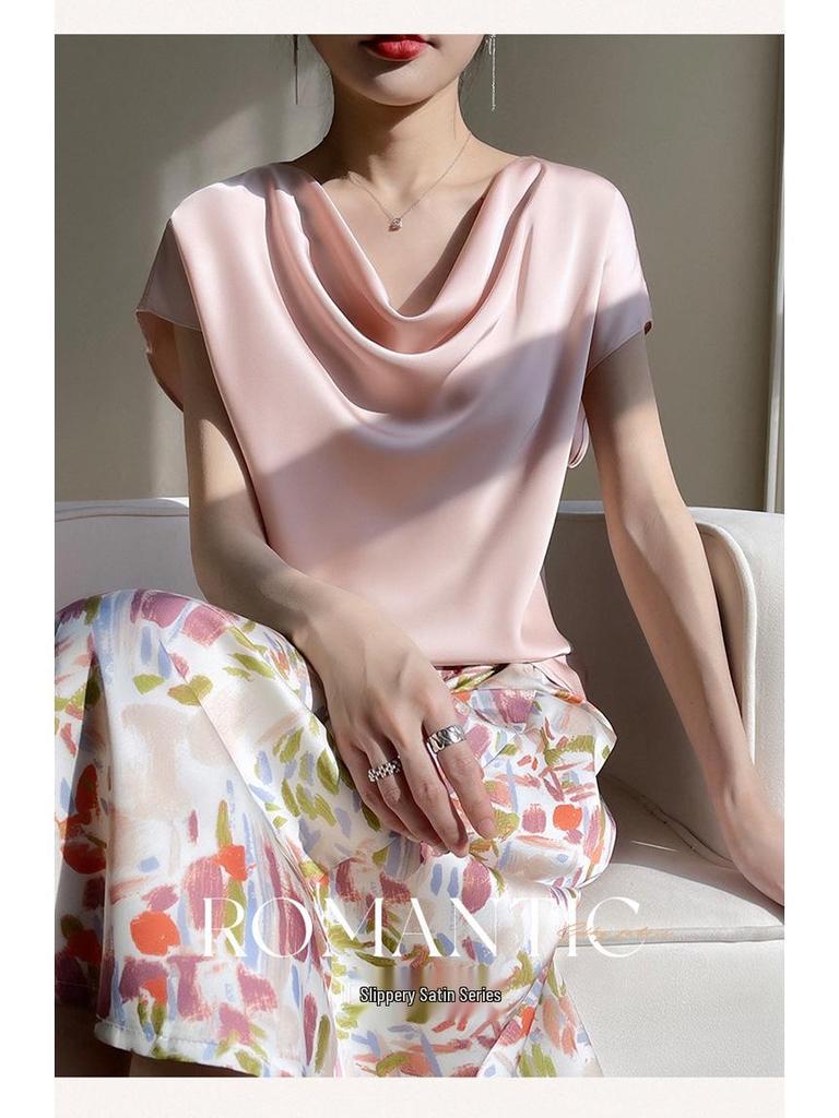 Women's High-End Short Sleeve Cowl Neck Satin Blouse