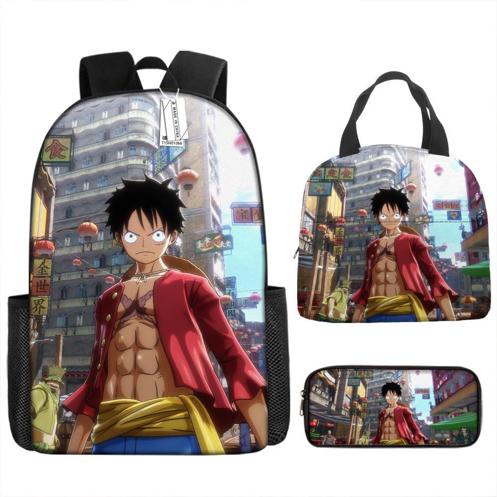 One Piece Luffy Rucksack 3-teiliges Set Schüler Schultasche Anime Rucksack Brotdose Klassisch Große Kapazität Wasserdicht