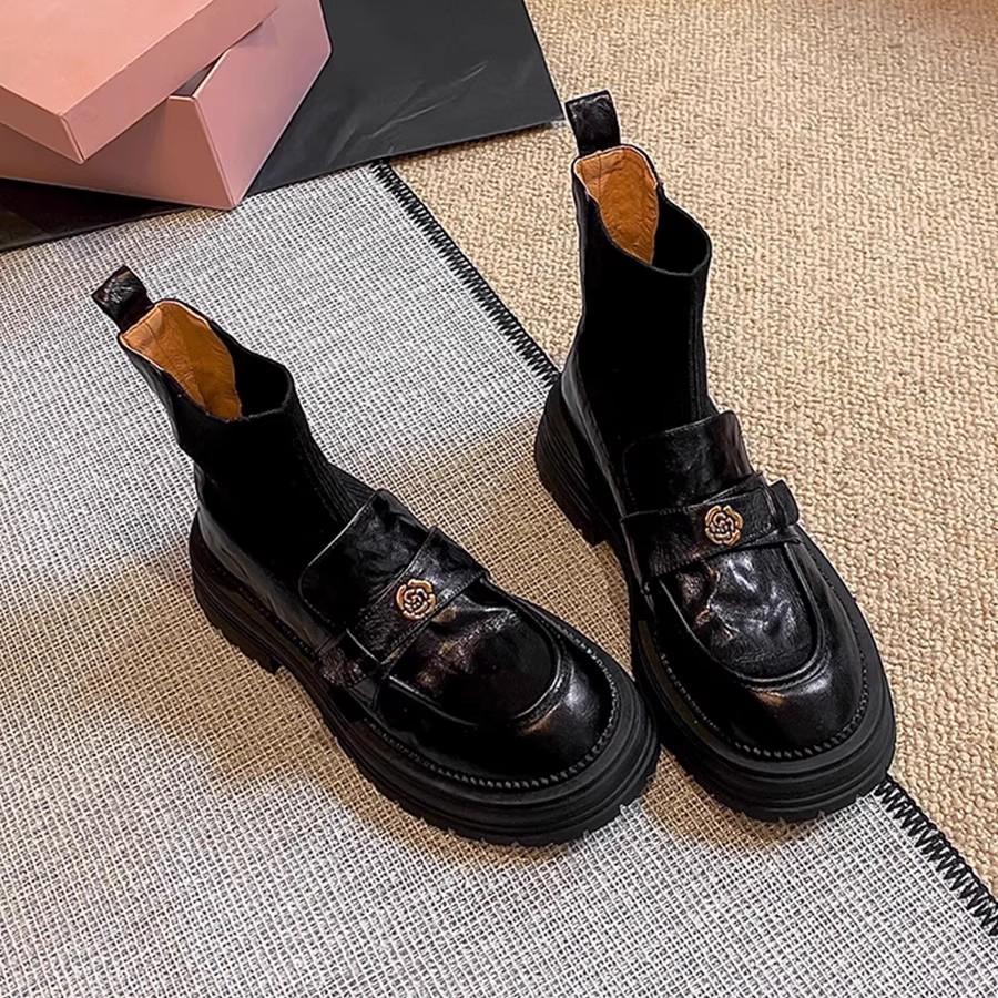 Cowhide Version~ Xiaoxiangfeng Camellia Leather Knitted Elastic Socks Boots Women's Thin Boots Retro Thick-soled British Short Boots