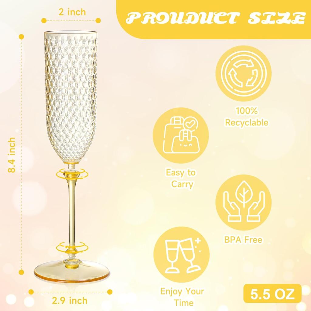 24 Pack Amber Plastic Champagne Flutes, 5.5 Oz Disposable Stemmed Glasses for Wedding & Toasting