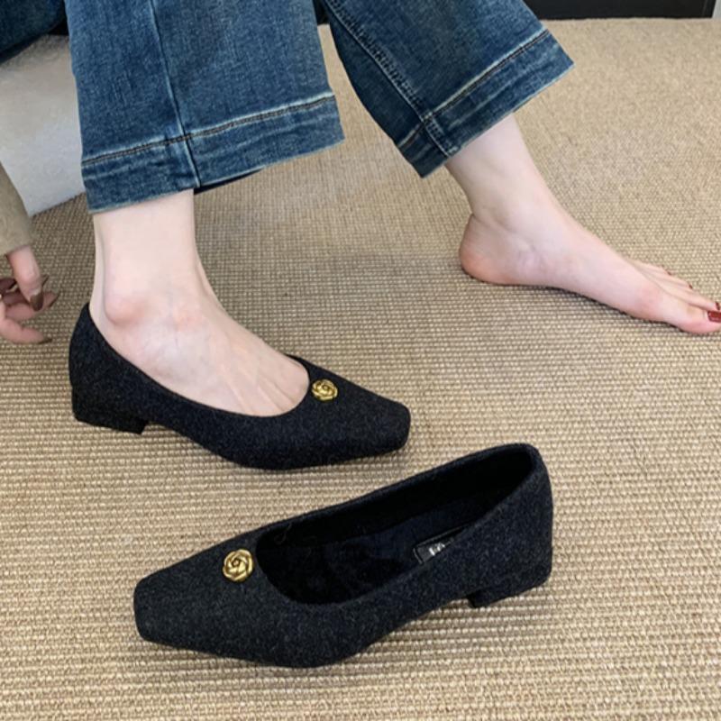 

Fashion Spring New Low Heel Single Shoes Women s Fashion Square Head Shallow Mouth Suede Metal Buckle Non-slip Low Top Shoes 35 чёрный