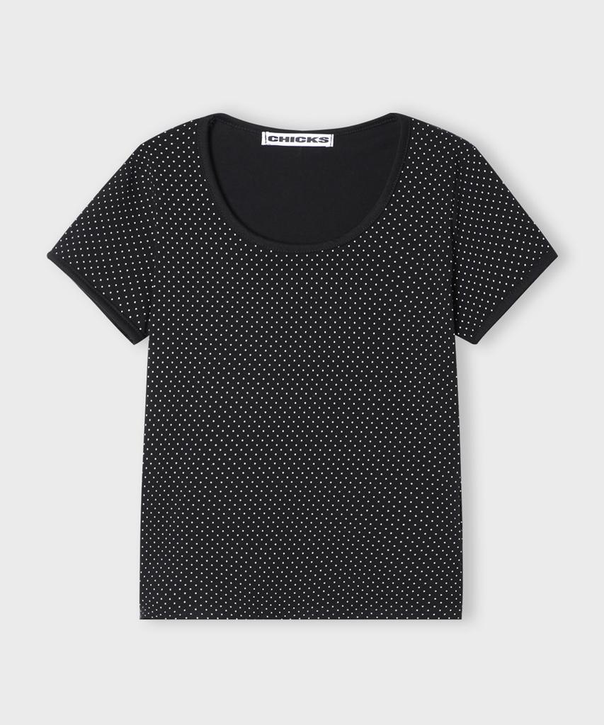 CHICKS Round Neck Cap Sleeve Dot Slim Fit Short Sleeve T-Shirt Black
