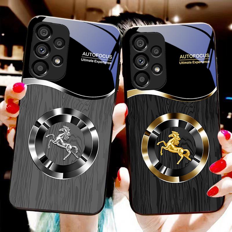 Holzmaserung Pferd Für Samsung Galaxy S 8 9 10 20 Plus 21 FE 22 23 24 Ultra S7 Edge Schwarz Gehärtetes Glas Handyhülle Hartschale