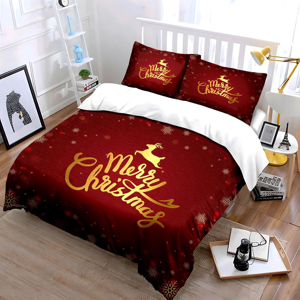 Merry Christmas Red Festive Set Bedding Duvet Cover Set Duvet Cover Pillowcases  (1*Duvet Cover 2*Pillowcases, Without Duvet Insert)