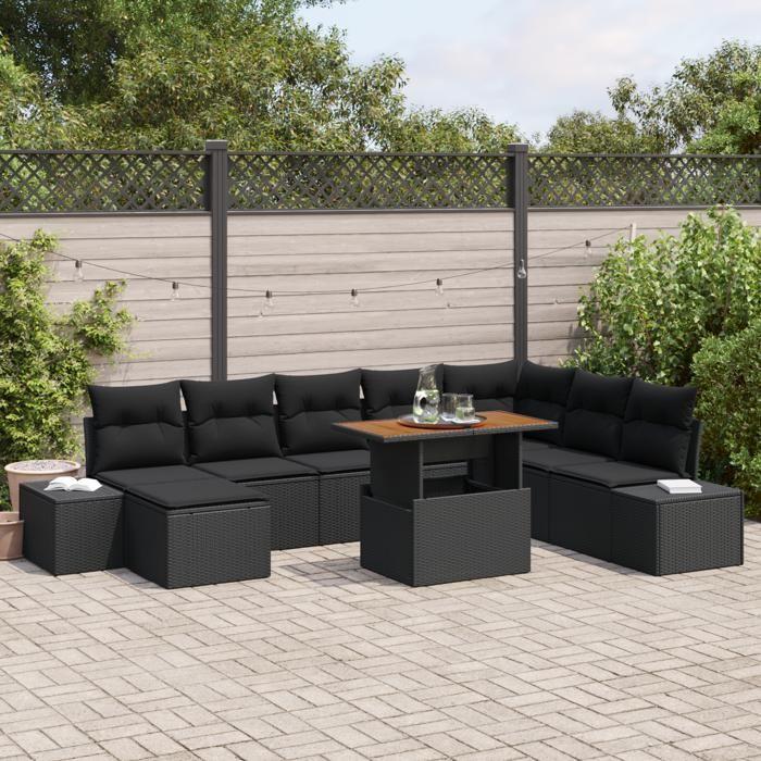 VidaXL Set de salle à manger de jardin de 9 pièces avec coussins en poly rotin noir et acacia 3350002