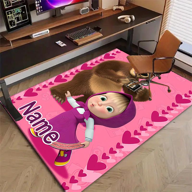 Custom Masha and the Bear Mat Personalized Name, Polyester Washable Indoor Entryway Rug, Gift for Christmas, Easter, Thanksgiving Day