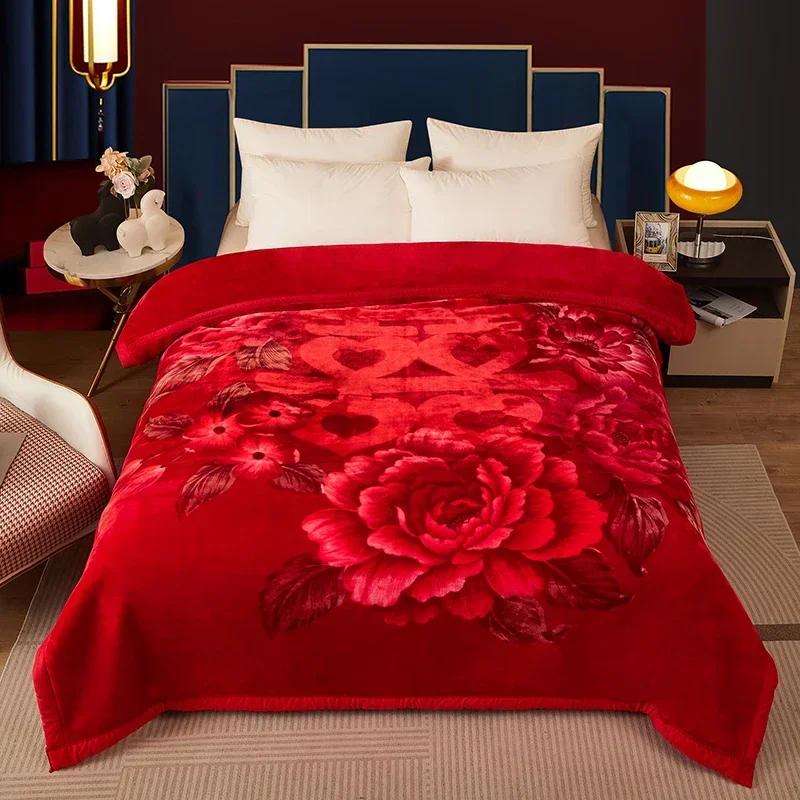 Double Layer Winter Thicken Raschel Plush Weighted Blanket For Bed Warm Heavy Blankets Throw Printed Flowers Fluffy Soft Carpet