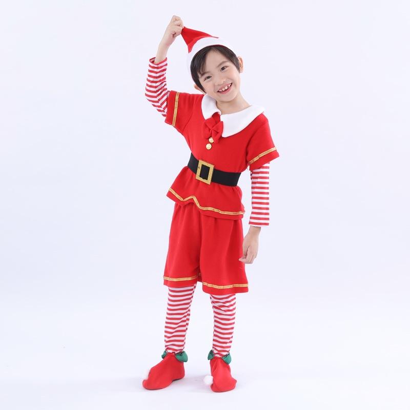 6 Pieces Christmas Elf Costume Red Shawl Winter Girls Boys Clothes With Hat For Christmas Eve Party New Year Children Outfit Set
