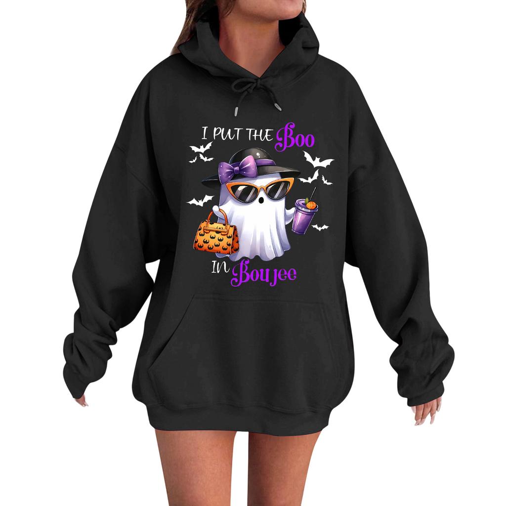 Women's Casual Fashion Comfortable Round Neck With Hood Long Sleeve Halloween Print Warm Sweatshirt