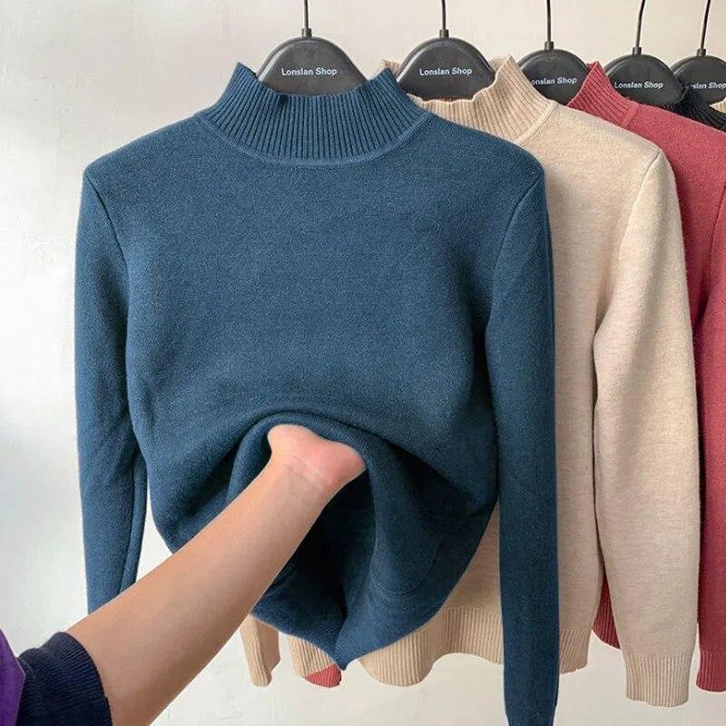 Office-lady Dolcevita Solido Maglione Donna Autunno Inverno Casual Pile Addensato Caldo Pullover Moda Loose Fit Soft Top 29760