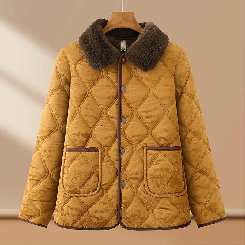 Stylish Floral Velvet-Enhanced Cotton Jacket for Middle-Aged Women - Short, Warm Autumn/Winter Wear for 50+.