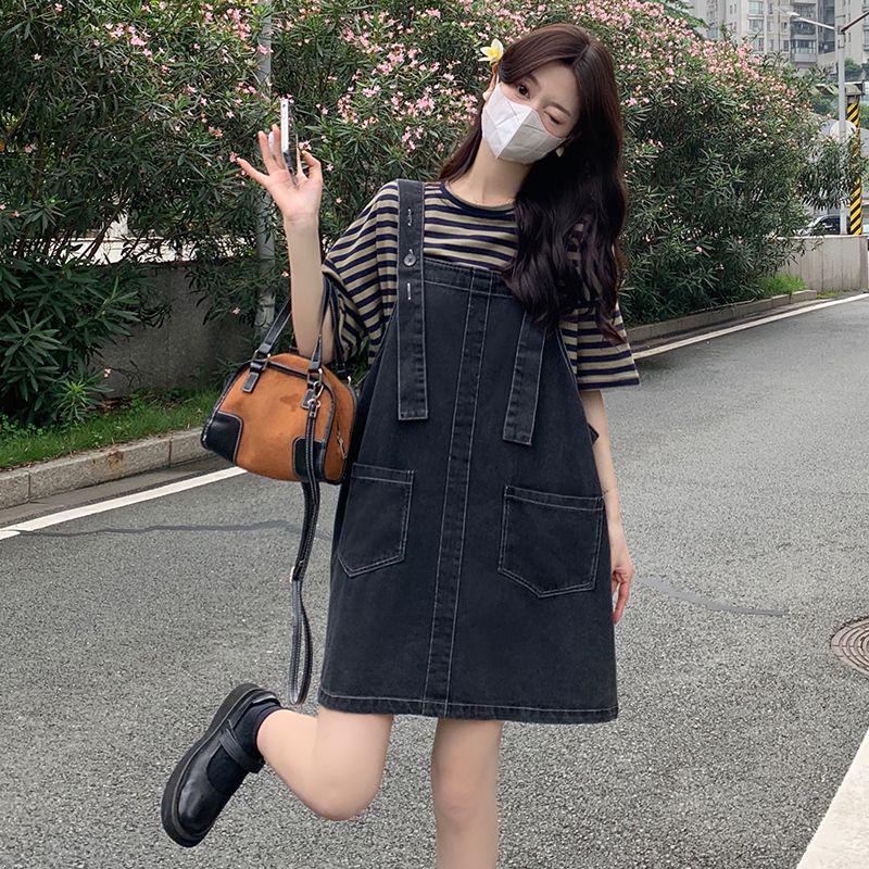 

2026 Summer New Plus Size Striped Denim Overall Dress Set for Women – Sweet and Cool Two-Piece for Chubby Girls XS