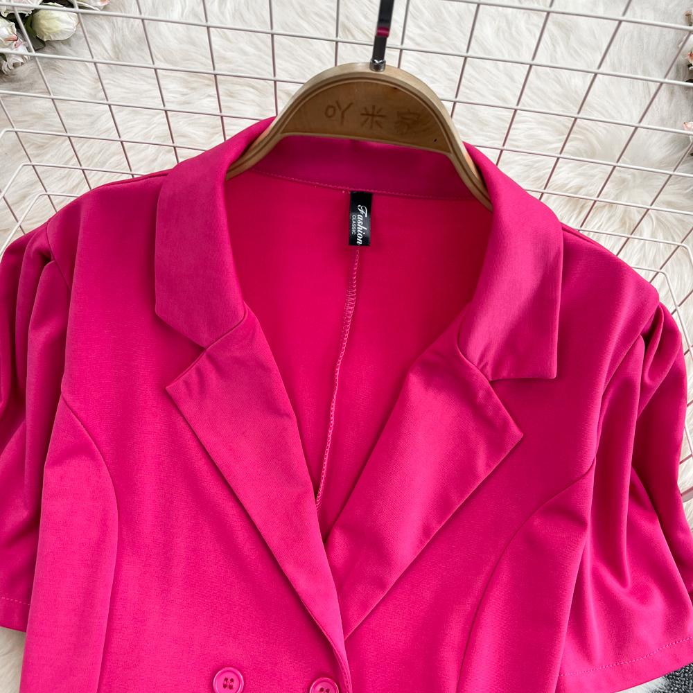 Ladies Suit Retro Lapel Loose Puff Sleeve Short Suit Jacket Two Piece High Waist Slit Skirt