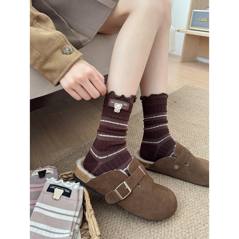 Autumn and Winter Women's Cartoon-style Embroidered Striped Trendy Boneless Sewn Mid-calf Cotton Socks