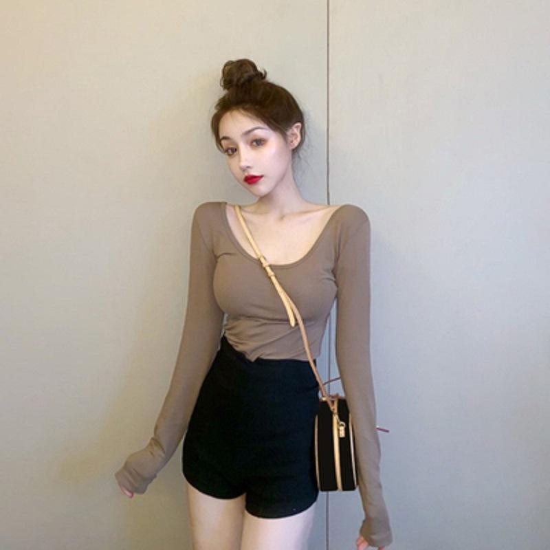 Large U-neck Beautiful Back Solid Color Long-sleeved Base Shirt Inside and Outside Casual Top for Women's Autumn Thin Women's Top