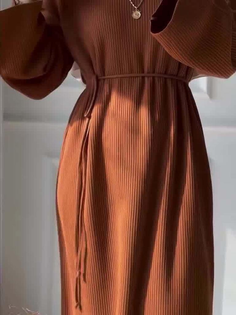 Women's Fashion Casual Elegant Knit Crewneck Bubble Sleeve One-Piece Dress