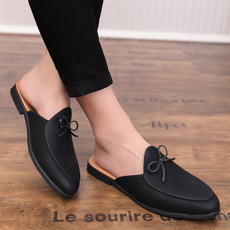 Men Fashion Slippers Men One Step Casual Comfortable Half Dragged Small Leather Shoes Men Outdoor Business Slippers Size 38-44
