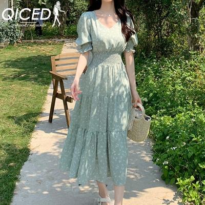 Sanfter Wind Süßes Feenblumenkleid Sommer Kleiner Frischer V-Ausschnitt Hohe Taille Abnehmen Kleid Weiblicher A-Linie Langer Rock