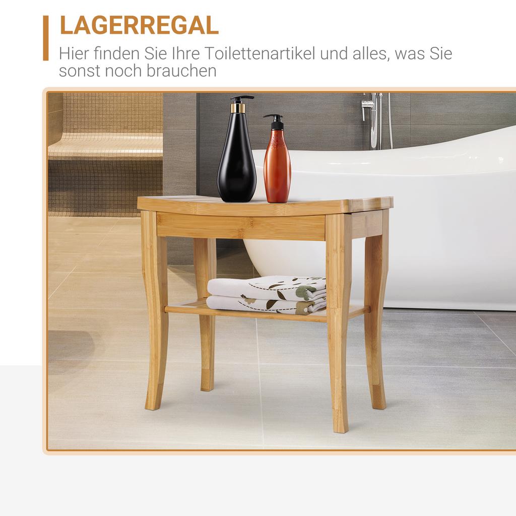 45cm 2-Tier Slatted Shower Bench Storage Seat W/ 4 Legs Comfortable Safe Bathroom Stool Spa Bath Organiser