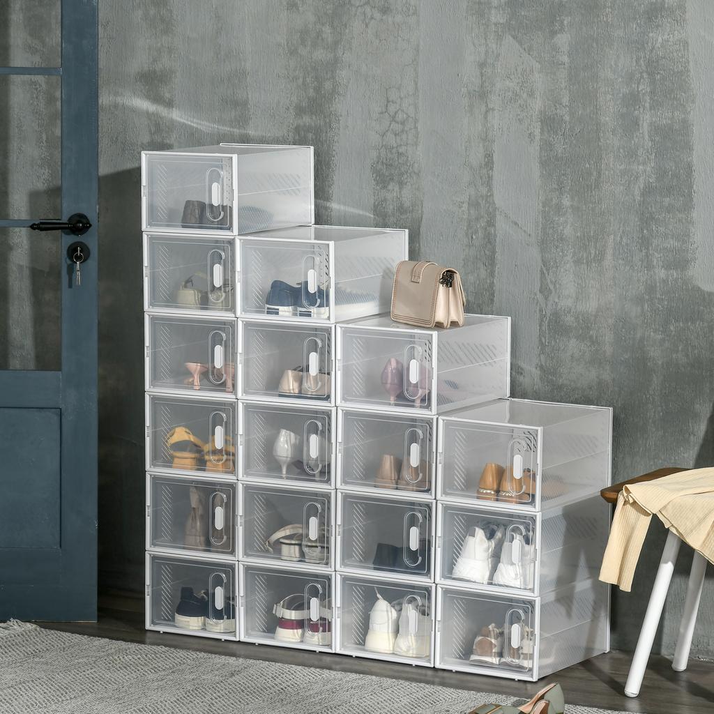 18PCS Clear Shoe Box, Plastic Stackable Shoe Storage Box for UK/EU Size up to 8.5/43 with Magnetic Door for Women/Men, 25 x 35 x 19cm