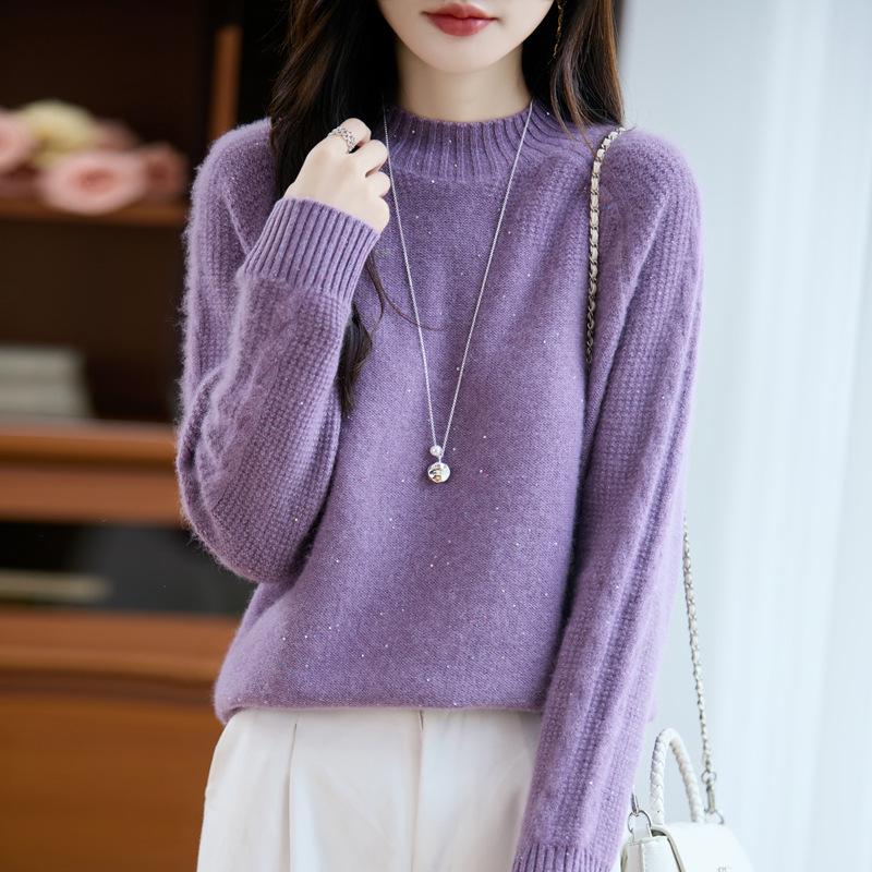 Autumn/Winter Wool High-Neck Knit Sweater with Colorful Sequins - Thickened & Loose Fit