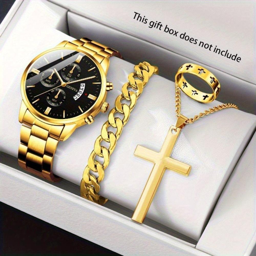 Geneva4-Piece Set Men S Watch Fashion Men S Watch watch + bracelet + necklace + ring