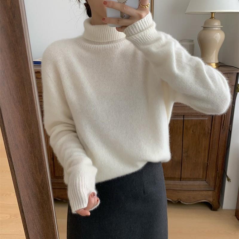 Womens Turtleneck Sweater Solid Color Lazy Style Thick Knit Top Casual Base Layer Winter