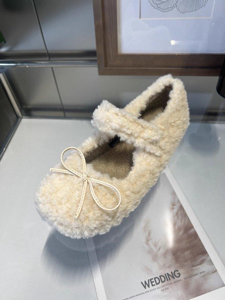 Full of Sweetness~ Milky White Velvet Mary Jane Wool Shoes Women's Winter Lamb Wool Flat-bottomed Warm Beanie Cotton Shoes
