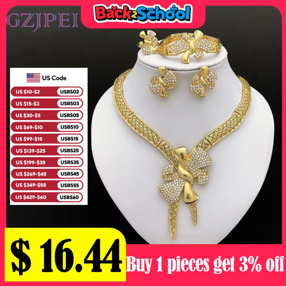 Italy 18k Gold Plated Women Zircon Set Classic Design Bowknot Necklace Earring Bracelet And Ring 4PCS Set Zircon Wedding Party