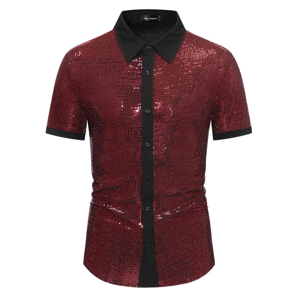 Men's Summer Shiny Patchwork Color Short Sleeve Shirt YC10