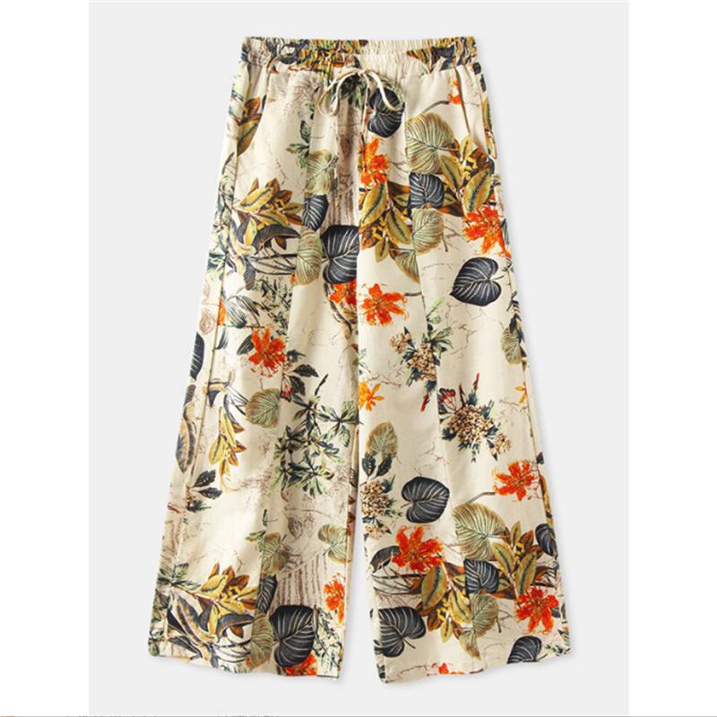 Pantaloni cu imprimeu floral Pantaloni largi din bumbac cu talie inalta