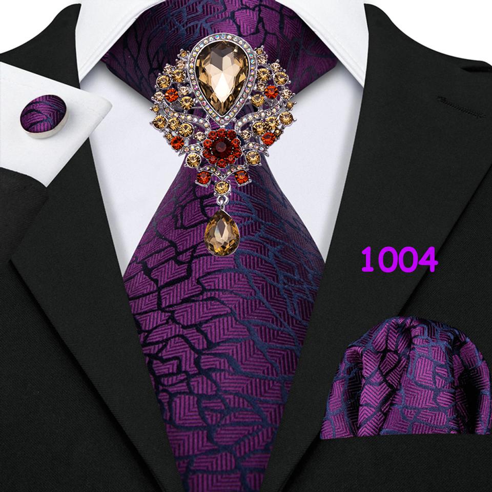 Purple Ties with Brooch Hanky Cufflink for Men Paisley Plaid Silk Necktie Jacquard Woven Wedding Set