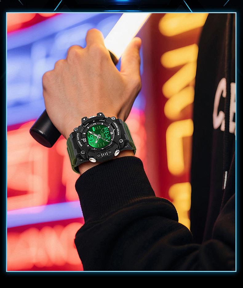 Sanda Dual-Movement Sports Watch with Countdown, Alarm, Night Light, Waterproof, and Multi-Function Features for Students.