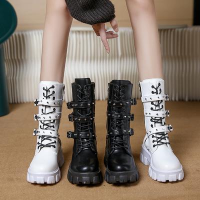 Goth Boots Woman Winter  WOMEN ANKLE BOOTS Platform Shoes Sneakers Studded Belt Buckle Punk Army Chunky Heels Mid Calf Boots