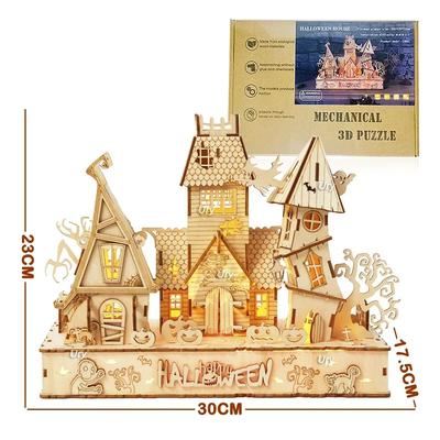 New 3D Halloween Haunted House Wooden Puzzle Ghost Tree Light DIY Model Craft Kit Desk Decoration Toy Kids Gift