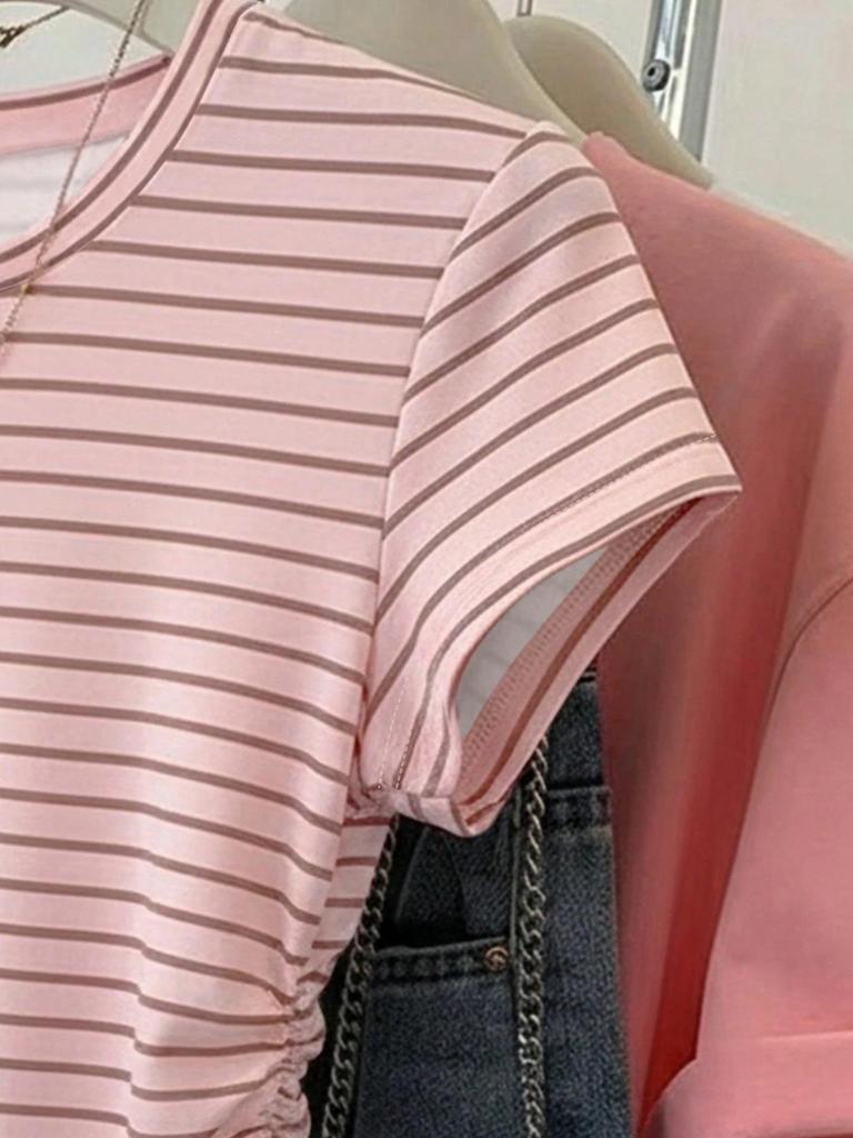 2026 Women's Striped Slim-Fit Pleated Round Neck Short Sleeve T-Shirt