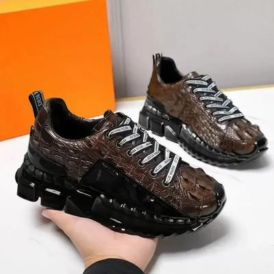 Crocodile Pattern Light Luxury Fashionable Men's Low Top Trendy Shoes, Height Increasing Thick Sole Rebound Casual Sports Shoes