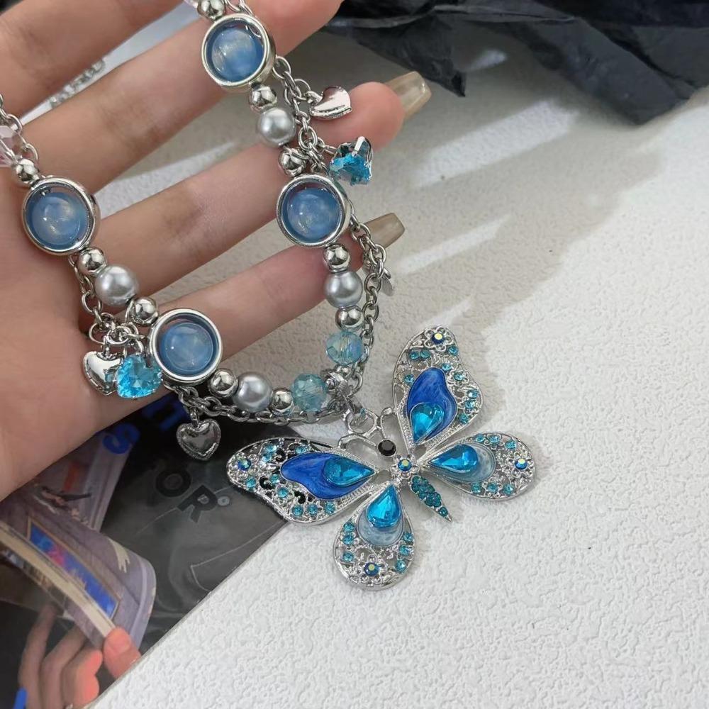Exquisite Luxury Shining Blue Zircon Butterfly Pendant  Heart-shaped Tassels Crystal Beads Necklace for Women Punk Y2K Jewelry