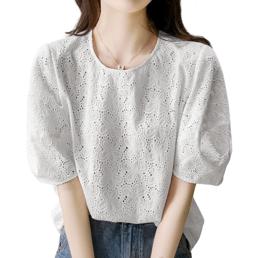 

вышитое кружево цветочный короткий пышный боди лето [Sueeya] Женская блузка, рубашка, принт, рукава, рукава, на подкладке, стройнящая, прикрывающая, милая, стильная, белый