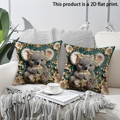 2pcs Vintage Floral Koala Throw Pillow Covers 2D Flat Print Decorative Cushion Cases for Sofa Bedroom Living Room Cushion Cover
