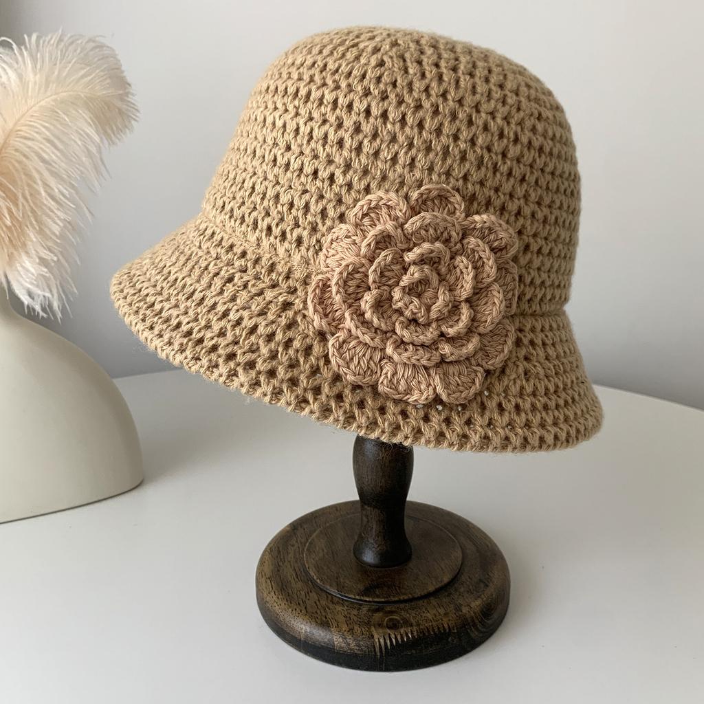 Korean Early Spring New 3D Flower Knitted Fisherman Hat Women Autumn Winter New Show Small Face Handmade Wool Bucket Hat