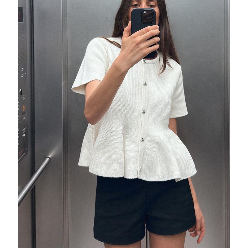 Summer New Product Women's Clothes Single-Breasted A- line Short Skirt Hem round Neck Short Sleeve Knitting Outwear 4331013