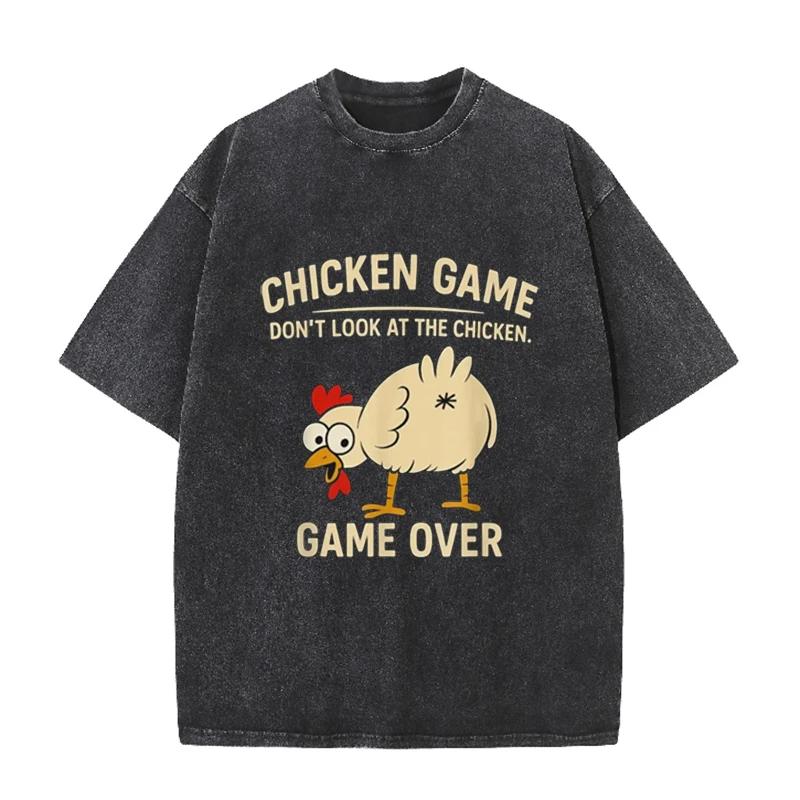 Funny Chicken Game Over Print Vintage Washed Black Casual Graphic T Shirt S разноцветный